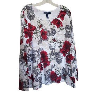 Karin Scott Woman Red Floral Pullover Long Sleeve Top 3X EUC